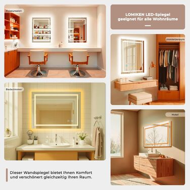 Дзеркало для ванної кімнати LOMIKEN з підсвічуванням, 60x50x3,5 см, LED, 6400K, 3 колірні температури, антивідблиск, вертикальна/горизонтальна установка