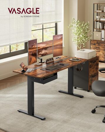 Електричний регульований стіл VASAGLE, 60 x 140 см, з пам'яттю висоти, розетками та ящиком, кольори: білий + горіх, LSD112W01