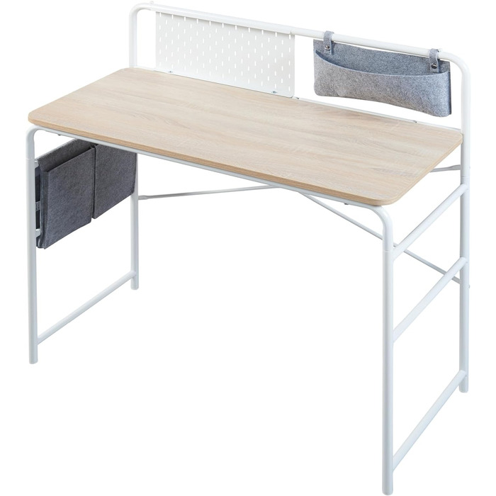 Письмовий стіл Dyrøy Офісний стіл з металевим каркасом Робочий стіл для домашнього офісу або кабінету Сучасний комп'ютерний стіл з перфорованою панеллю та 2 тканинними кишенями 98x98x46см Білий/Дуб
