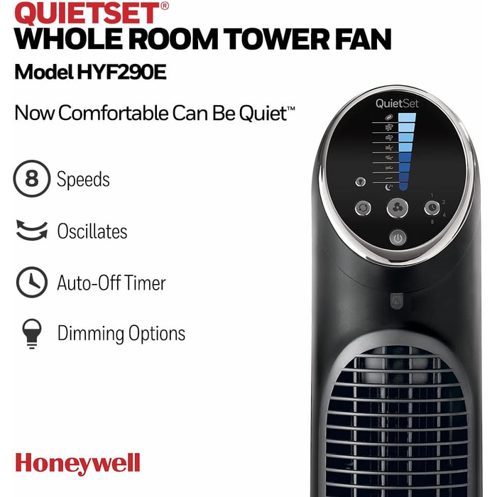 Баштовий вентилятор Honeywell QuietSet Oscillating для всієї кімнати (5 налаштувань швидкості, коливання 80, функція таймера, автоматичне вимкнення освітлення, дистанційне керування) (HYF290, одинарний)