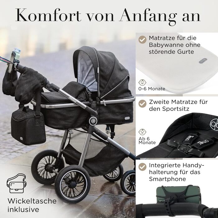 Дитяча коляска 3 в 1 з автокріслом та люлькою | Коляска для малюка з автокріслом, безпечний ремінь, легка оливкова | Без Isofix