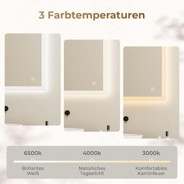 Дзеркало для ванної кімнати з підсвічуванням LED 80x60 см, регульоване, з протитуманним покриттям, вертикальна/горизонтальна установка, 3 кольори світла (3000K/4000K/6500K)