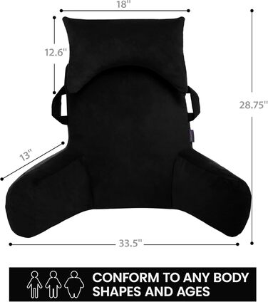 Підкова для читання з підголовником, м'яке спинне крісло з підлокітниками та кишенями для дорослих, зручне ліжко з піною з пам'яті для гуртожитку (Чорний, Преміум Великий)