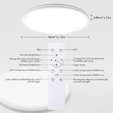 З регулюванням яскравості, ультратонкий Ø40см, білий, для вітальні, спальні, ванної кімнати, 36W LED DL
