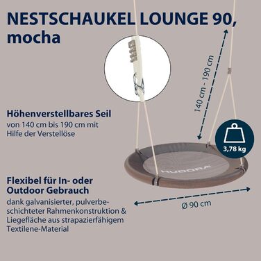 Шоукель HUDORA Nestschaukel Lounge - регульована висота, діаметр 90/110 см, до 150 кг, закрита сидіння, сімейна для дому та саду (Моха, 90 см, Single)