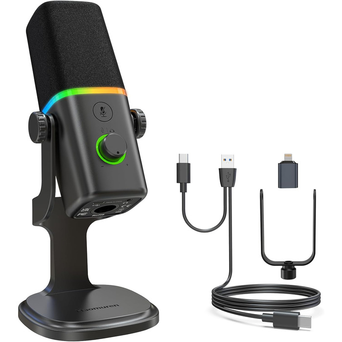 Динамічний XLR/USB мікрофон для геймінгу, подкастів, ПК, телефону, стрімінгу з RGB-підсвіткою, кнопкою вимкнення звуку, підсиленням, підставкою, для співу та YouTube
