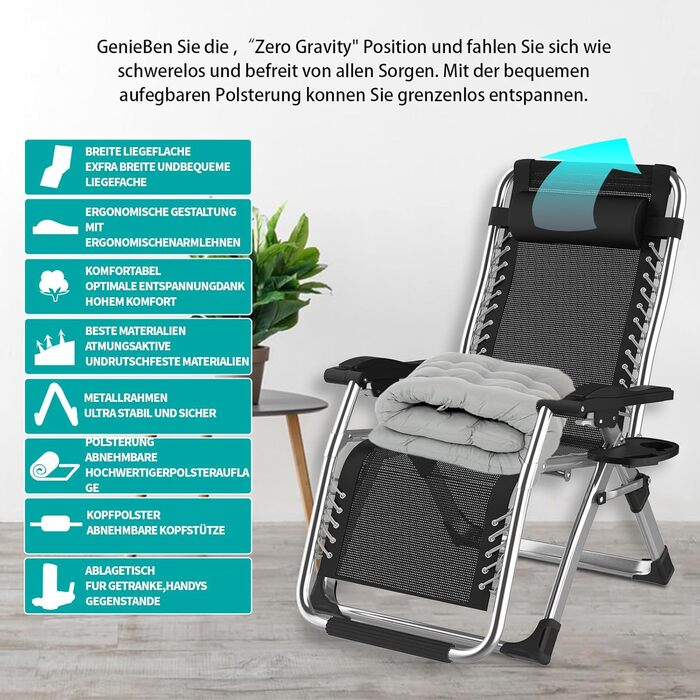 Розкладний шезлонг для відпочинку: зручний та міцний садовий стілець з регульованою спинкою (200 кг, срібний)