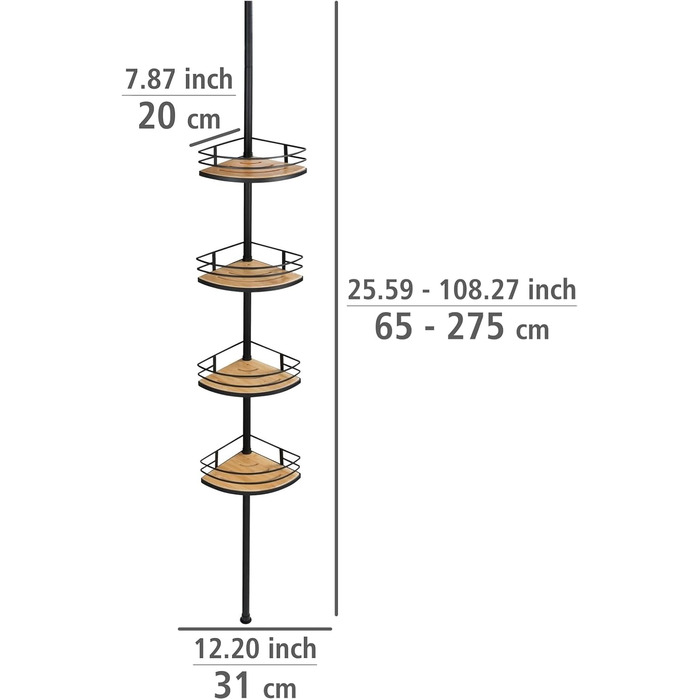 Телескопічна кутова полиця Dolcedo, регульована по висоті, 4 полиці, нержавіюча сталь/бамбук, чорна, 365-275x20 см