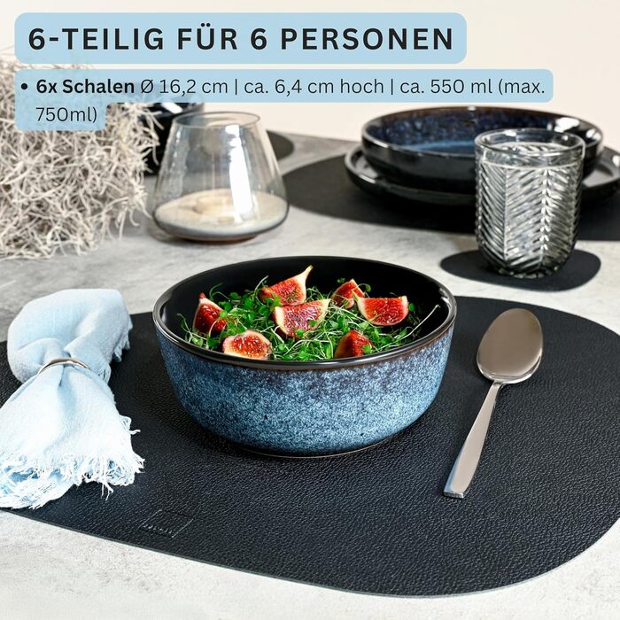 Набір посуду SÄNGER Steingut 18 предметів: 6 тарілок для їжі, 6 кашових тарілок, 6 десертних тарілок, блакитний колір з чорним бордюром, стійкий до подряпин. VALUE COLLECTION (Osaka, каші 6 шт.)