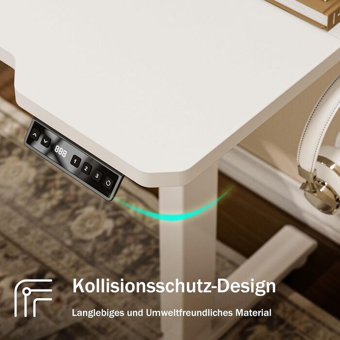 Кутовий стіл з регулюванням висоти 150x100 см, електричний, ергономічний, білий. З підстаканниками та гачками.