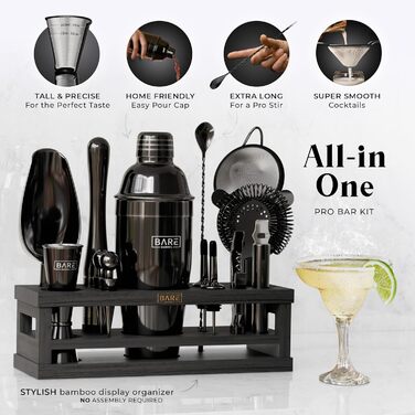 Набір бармена BARE BARREL® Mixology: 16 предметів для приготування коктейлів | Шейкер, барне аксесуар, інструменти для дому | 35 рецептів + подарунковий набір (680.4 г Cobbler Shaker)