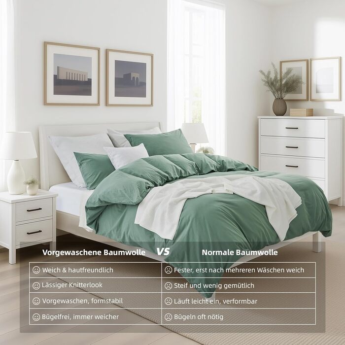 Бетлінова постільна ковдра 200x220 з бавовни, бежевого кольору, супер м'яка, 100% бавовна, попередньо випрана, з льоноподібною текстурою, сертифікат ÖKO-TEX, комплект постільної білизни 200x220 + 2 наволочки 80x80 з блискавкою (200x220 см (3-piece), салатовий колір)