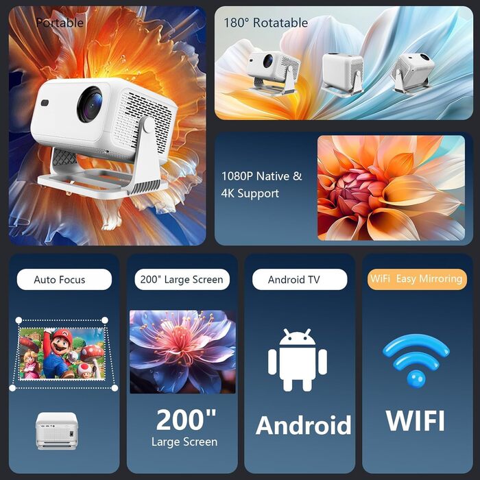 Міні-проектор Smart Beamer Mini: 4K, Netflix, Автофокус, 180° обертання, WiFi6, Bluetooth, Full HD 1080P, 600ANSI, для дому та вулиці