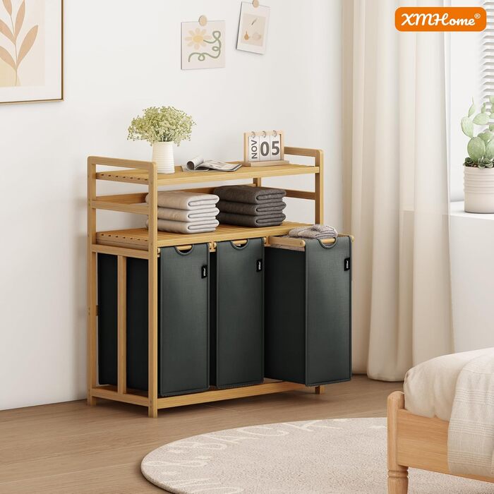 Кошик для білизни з 3 відділеннями, 148 літрів, з бамбука, 2 яруси, великий кошик для білизни з винімним мішком, прямокутна коробка для ванної, спальні та пральні, 77.5x41.3x100.5CM, Бежевий (Темно-сірий)