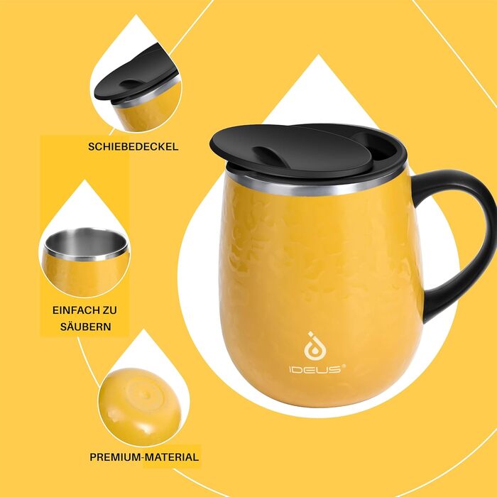 Кружка для кави та чаю Ideus 470 мл (подвійні стінки, нержавіюча сталь, з кришкою)
