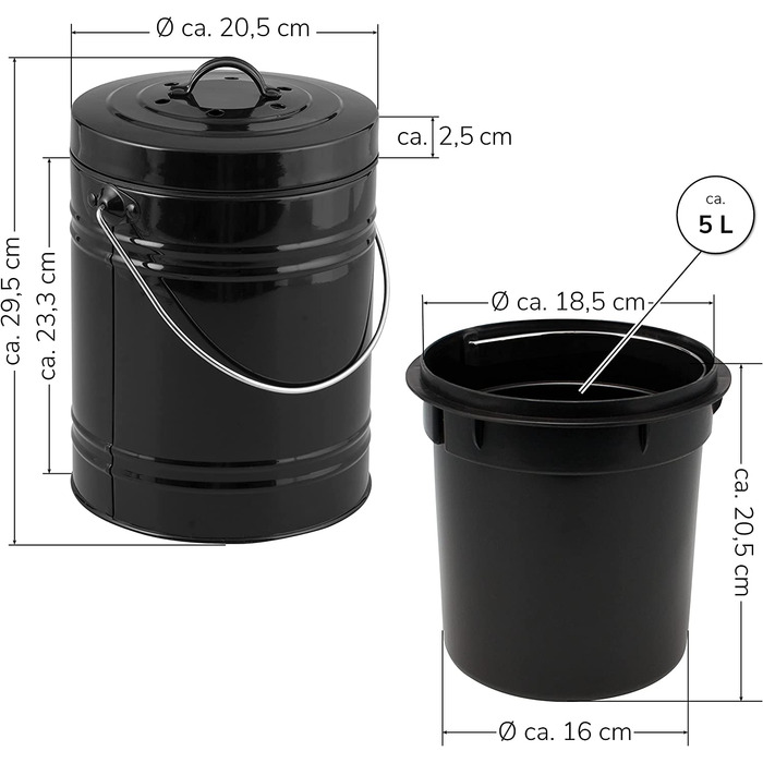 Відро для компосту bremermann з 5-літровим внутрішнім відром фільтр з активованим вугіллям органічне відро для відходів (чорний)