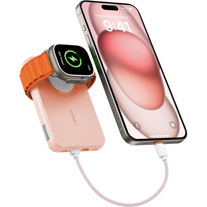 Вт PD, 10000 мАг, кабель Apple, Apple Watch, 2 шт. USB-C, LED-дисплей, рожевий, 20