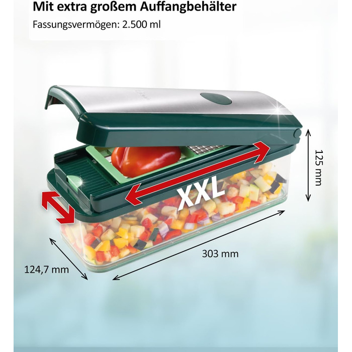 Набір для нарізки овочів Genius Nicer Dicer Exclusive 15 елементів, набір для нарізки кубиками + набір для нарізки помідорів, 4 насадки + груба тертка та шинковка, контейнер 2500 мл, зелений