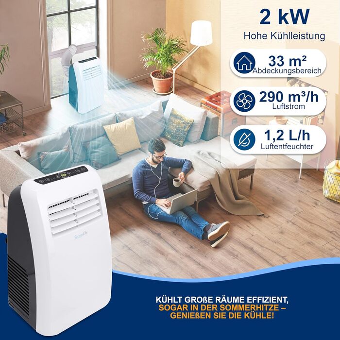 Кондиціонер SereneLife Mobile 9,000 BTU 4-в-1 повітроохолоджувач, вентилятор, осушувач обігрівач - Портативний кондиціонер з комплектом витяжного шланга для приміщень площею до 20 м - Дистанційне керування, монтаж на вікна (7,000 BTU EU, білий)