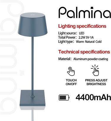 LED настільна лампа Palmina 842 з диммуванням, акумулятор 4400mAh, IP54, для дому та саду, блакитна