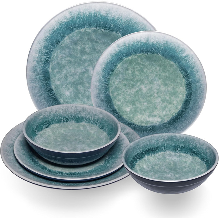 Набір посуду Melamin Adria Blue для 2 особи: 6 предметів, керамічний вигляд, підходить для миття в посудомийній машині, кемпінг, подорожі, фестивалі, сад