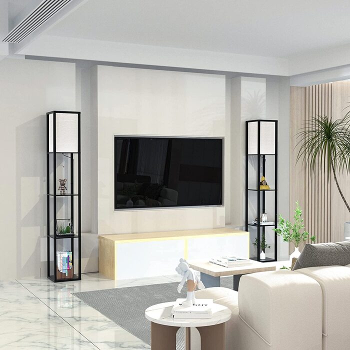 Торшер з дерев'яною поличкою Stehlampe, чорний, 3 режими світла, 1.62м для вітальні, спальні, офісу