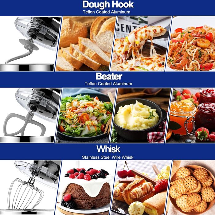 Кухонна машина 1500W 8L з 6 швидкостями, функцією ферментації та LCD-дисплеєм. В комплекті міксер, гак для тіста та вінчик. Чорний колір.