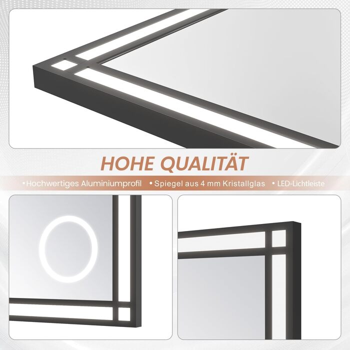 LED дзеркало для ванної кімнати AQUABATOS 50x70 см з підсвічуванням, ефект вікна, сенсорне керування, регулювання яскравості, антизапотівальне покриття, чорний алюмінієвий каркас, індустріальний стиль, годинник, дзеркало для макіяжу