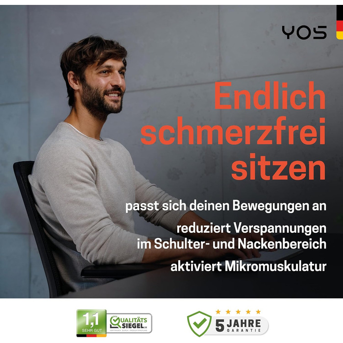 Офісний стілець YOS S5 з підтримкою спини та голови, чорний. Ergonomічний стілець до 150 кг, Made in Germany