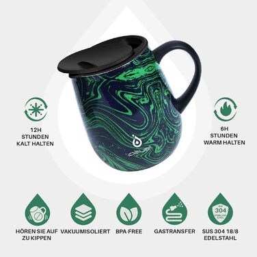 Кружка для кави та чаю Ideus 470 мл з подвійними стінками, нержавіюча сталь, з нековзним ручним тримачем та кришкою-модулем, великий об'єм (Трав'яний зелений)