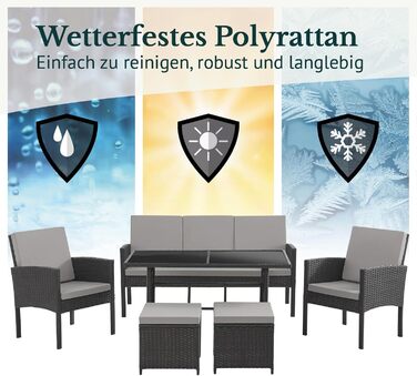 Садовий набір меблів SVITA Denver з поліротангу 4 предмети: 2 крісла, диван на 2 місця, стіл - чорний, сталевий каркас, водостійкий PE-ротанг, подушки