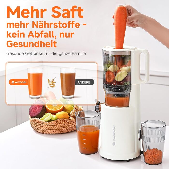 AOBOSI Швидкий соковитискач з великою завантажувальною воронкою 135 мм, 200 Вт, холодний віджим, соковитискач із функцією зворотного ходу та потрійним фільтром, BPA-free, тихий, ідеальний для свіжого соку з фруктів та овочів (45 мм, темно-синій)