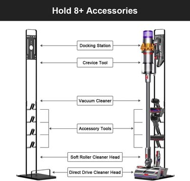 Підставка Foho для Dyson V6-V15, з колесами, тримачем аксесуарів, без свердління, чорна