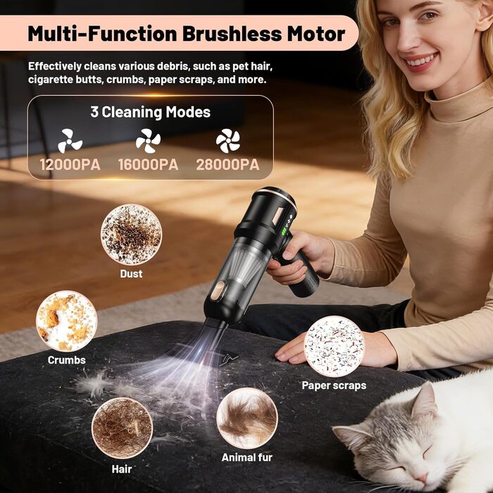 Акумуляторний ручний пилосос Handstaubsauger 28000Па, бездротовий автомобільний пилосос 4-в-1 з безщітковим двигуном та функцією самоочищення, для авто, дому та шерсті тварин, чорний