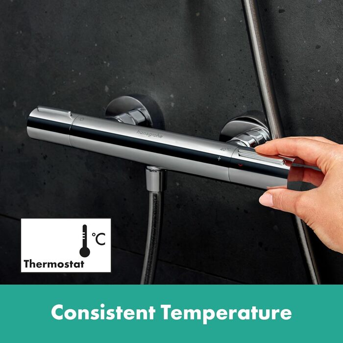 Змішувач для ванної Hansgrohe Ecostat Element накладний з термостатом (SafetyStop 40°C), для 2 споживачів, комплект з водозберігаючим душем та штангою 90 см (хром)