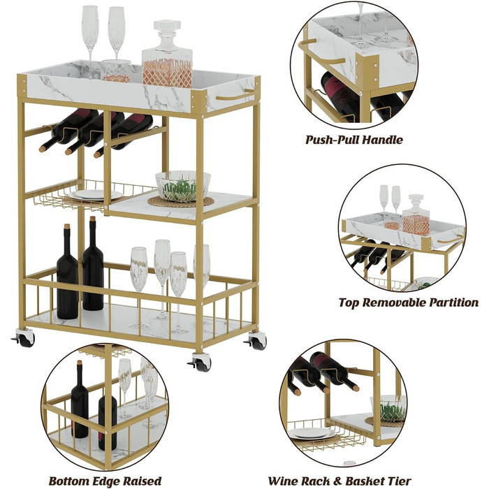 Сервісний візок Huhote з 3 ярусами, білий: візок для вина, кухонний візок з кошиком та відкидним столиком, 64 x 34 x 84 см