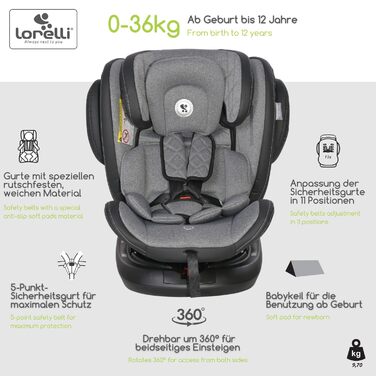 Автокрісло Lorelli Aviator, зростаюче автокрісло з Isofix - група 0/1/2/3 (0-36 кг), дитяче крісло, поворот на 360 градусів, 5-точковий ремінь безпеки, регульований підголівник, зелений (сірий світло-сірий)