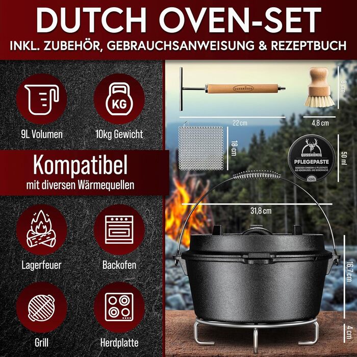 Набір Dutch Oven з емальованого чавуну 4.5л (2-4 особи) – голландська піч, каструля для тушкування з ніжками, подвійна функція – з кришкою-підйомником, очисником, щіткою та книгою рецептів – 30 років гарантії