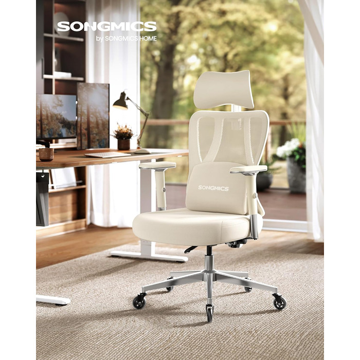Офісний стіл SONGMICS: ергономічне крісло, ігровий стул, регульована поперекова підтримка, підголовник, підлокітники, для різного зросту, до 150 кг, OBN067BH01 (Верблюжий + Хмарний білий)