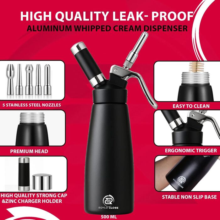 Алюмінієвий диспенсер для збивання вершків на 500 мл з 5 насадками, щітками для чищення, 0,5 л (N20 зарядний пристрій не входить до комплекту)