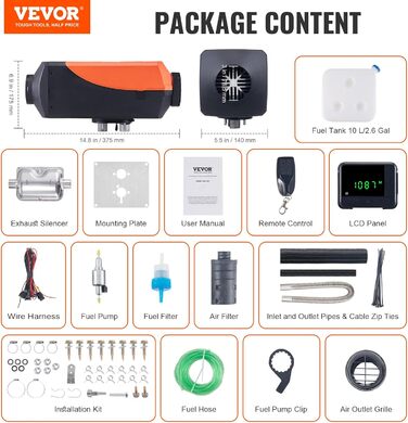 Електрична дизельна опалювальна установка VEVOR 12V 5-8kW з LCD-дисплеєм, пультом та Bluetooth-APP (базова модель, роздільна установка)