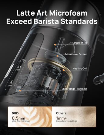 Dreo автоматичний спінювач молока All-in-1: для лате-арту, гарячих/холодних напоїв, 800 мл, електричний, миється в посудомийній машині (сріблястий, чорний)