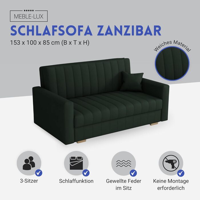 Диван-ліжко Zanzibar I 3-місний 153 см, зелений: диван з функцією сну та ящиком для білизни