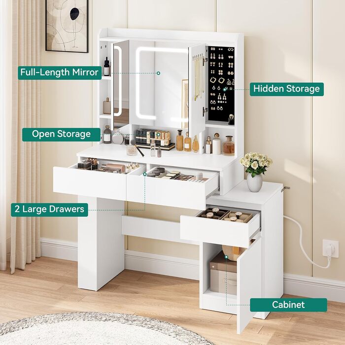 Туалетний столик YITAHOME з підсвіткою та дзеркалом, 4 шухляди, відкриті полиці, чорний (білий)