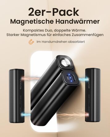 Електричний грівець для рук Gaiatop 8000mAh з LED-ліхтариком (2 шт.), магнітний, 3 швидкості нагріву, для жінок, сім'ї, активного відпочинку, чорний