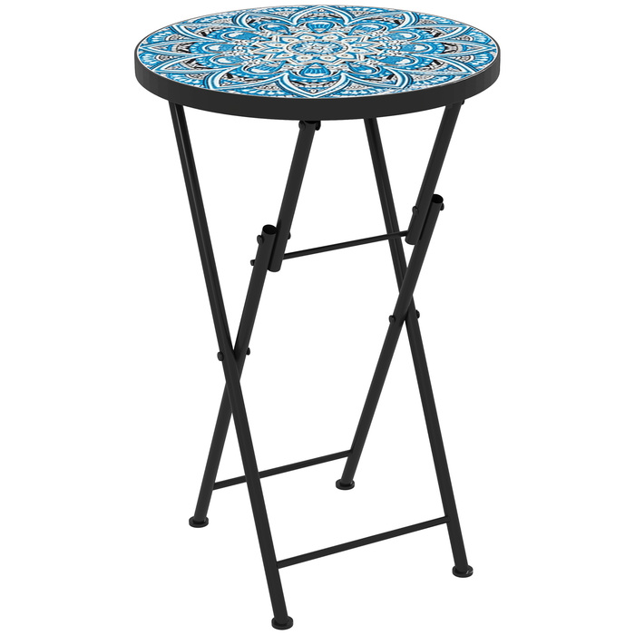 Outsunny Side Table Складаний садовий стіл з мозаїчним дизайном, Ø35,5 x 55 см Круглий стійкий до погодних умов металевий балконний стіл, Кемпінговий стіл Розкладний стіл Журнальний столик для вітальні, офіс, Відкритий Внутрішній, Синій, Синій