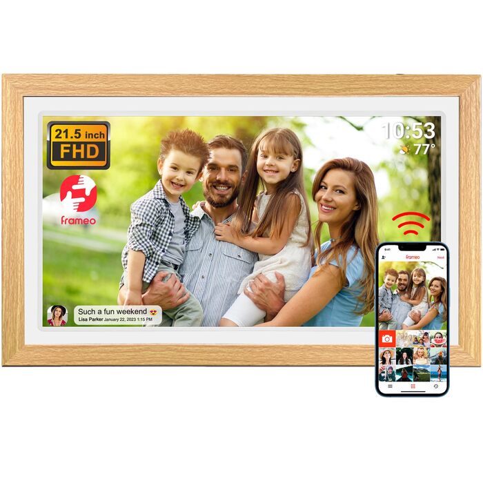 Цифровий фоторамка FRAMEO 21.5 дюймів з IPS LCD сенсорним екраном, Wi-Fi, 32 GB, USB/SD розширення, Auto-Rotate, для кріплення на стіну, жовтий