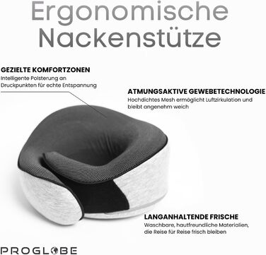 Подушка для подорожей Proglobe з Memory Foam, ортопедична, сіра. З маскою для сну та чохлом.