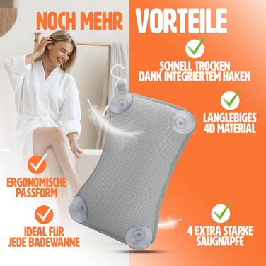 Подушка для ванни сірого кольору – преміум якість, 4 надміцні присоски, ергономічна форма для шиї та спини, інтегрований гачок