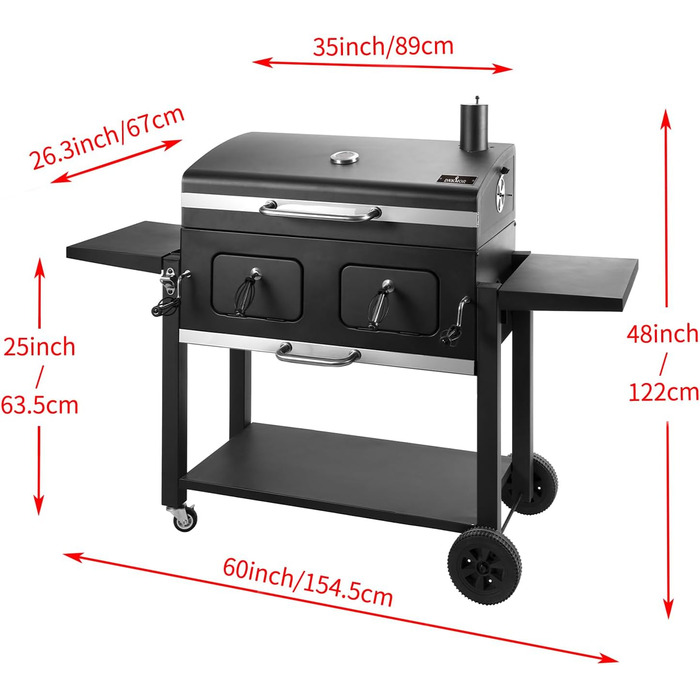 XXL вугільний гриль Grillwagen з кришкою, коптильня, гриль з колесами, ручка з нержавіючої сталі, грати, термометр, підлоговий гриль, 154.5 x 89 x 122 см